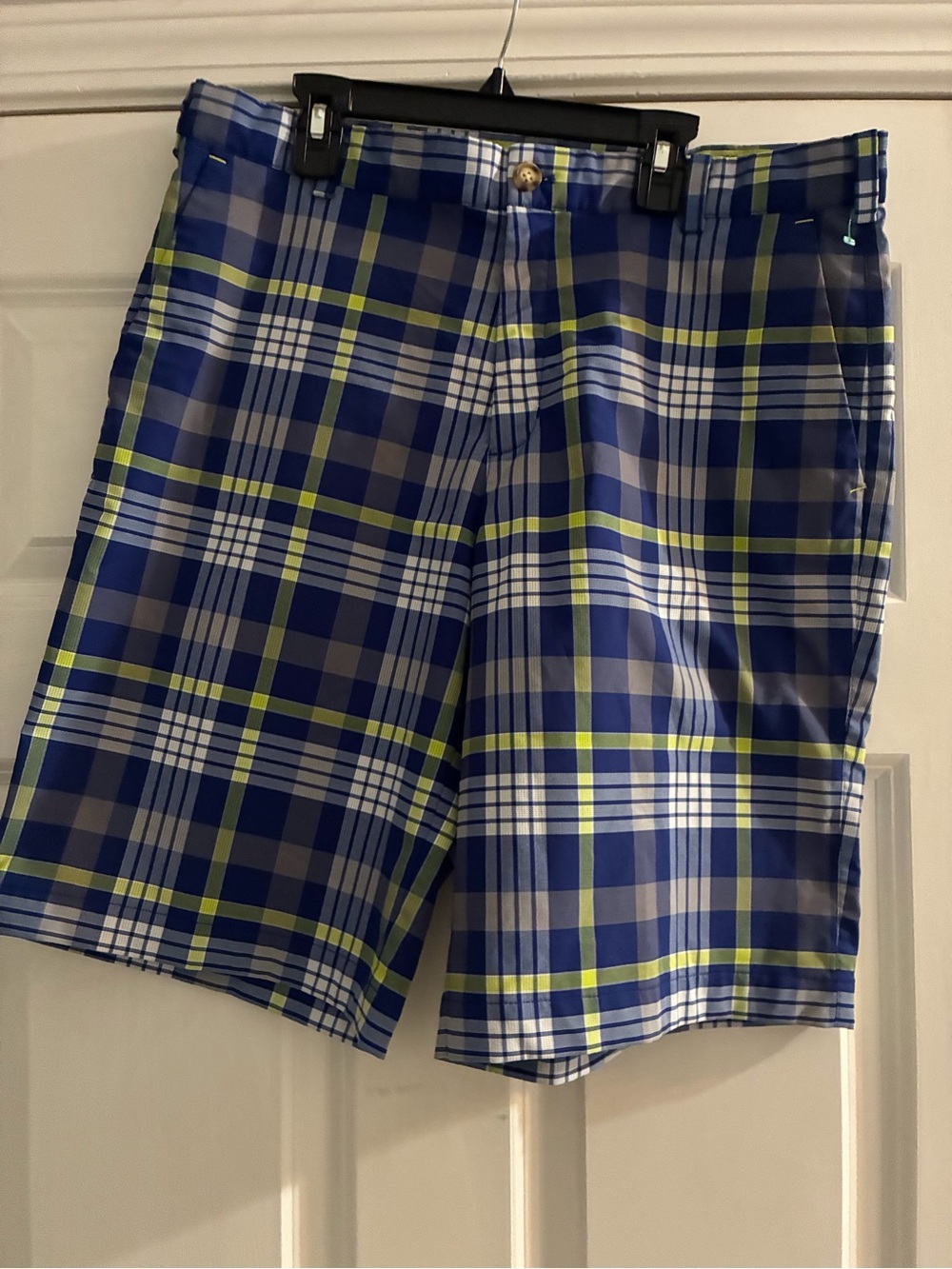 Nike Men's Blue Plaid Athletic Shorts with DryFit, White and Lime Accents